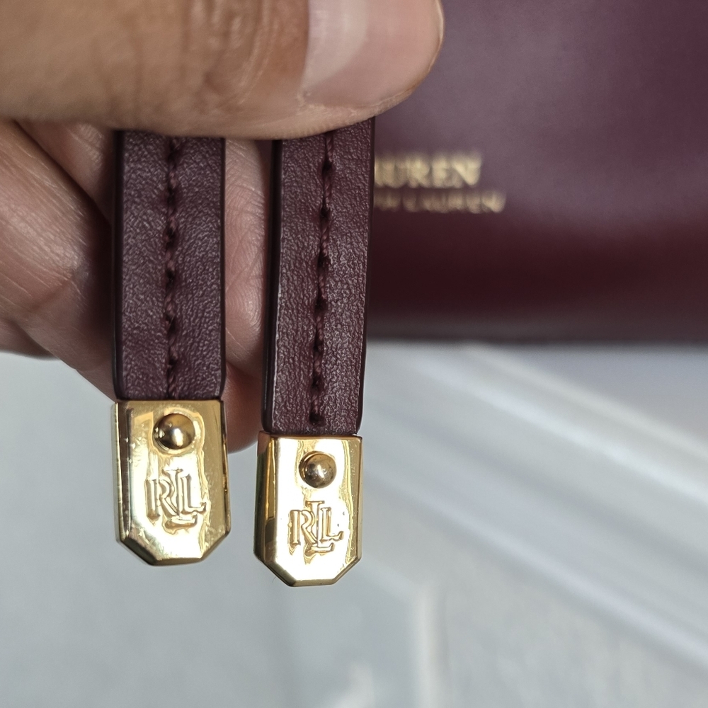 Lauren Ralph Lauren Burgundy Leather Drawstring Satchel - Picture 9 of 16